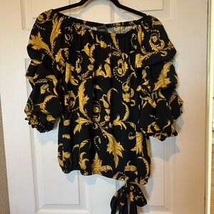 Coco Bianco Black and Gold Ruffled Tie Front Blouse
